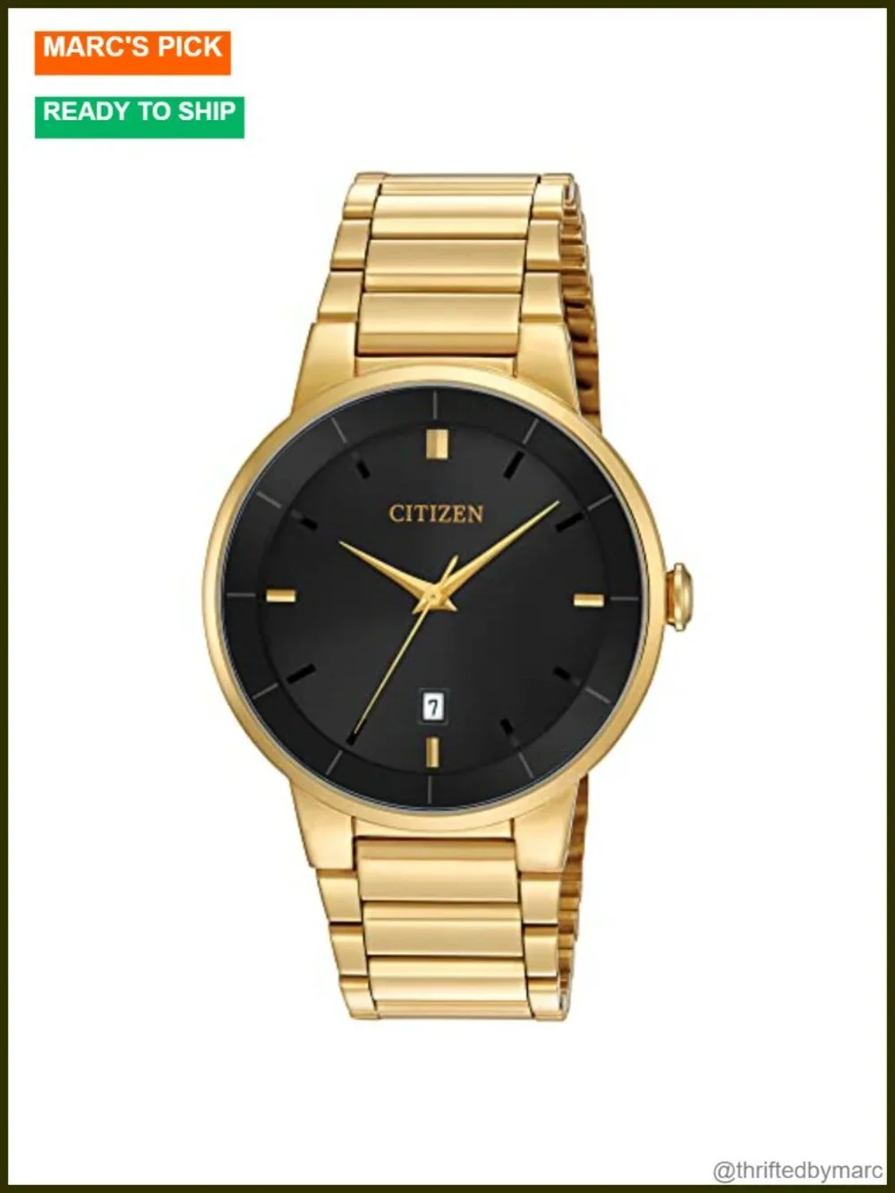 Quartz Gold-Tone Stainless Steel Watch with Black Date Dial, Mineral Crystal